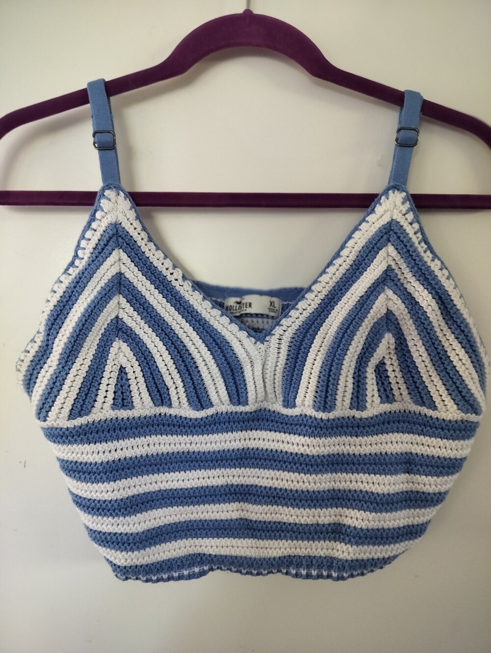 Hollister Blue White Crochet Knit Crop Tank Top Cami XL Cotton Boho Festival
